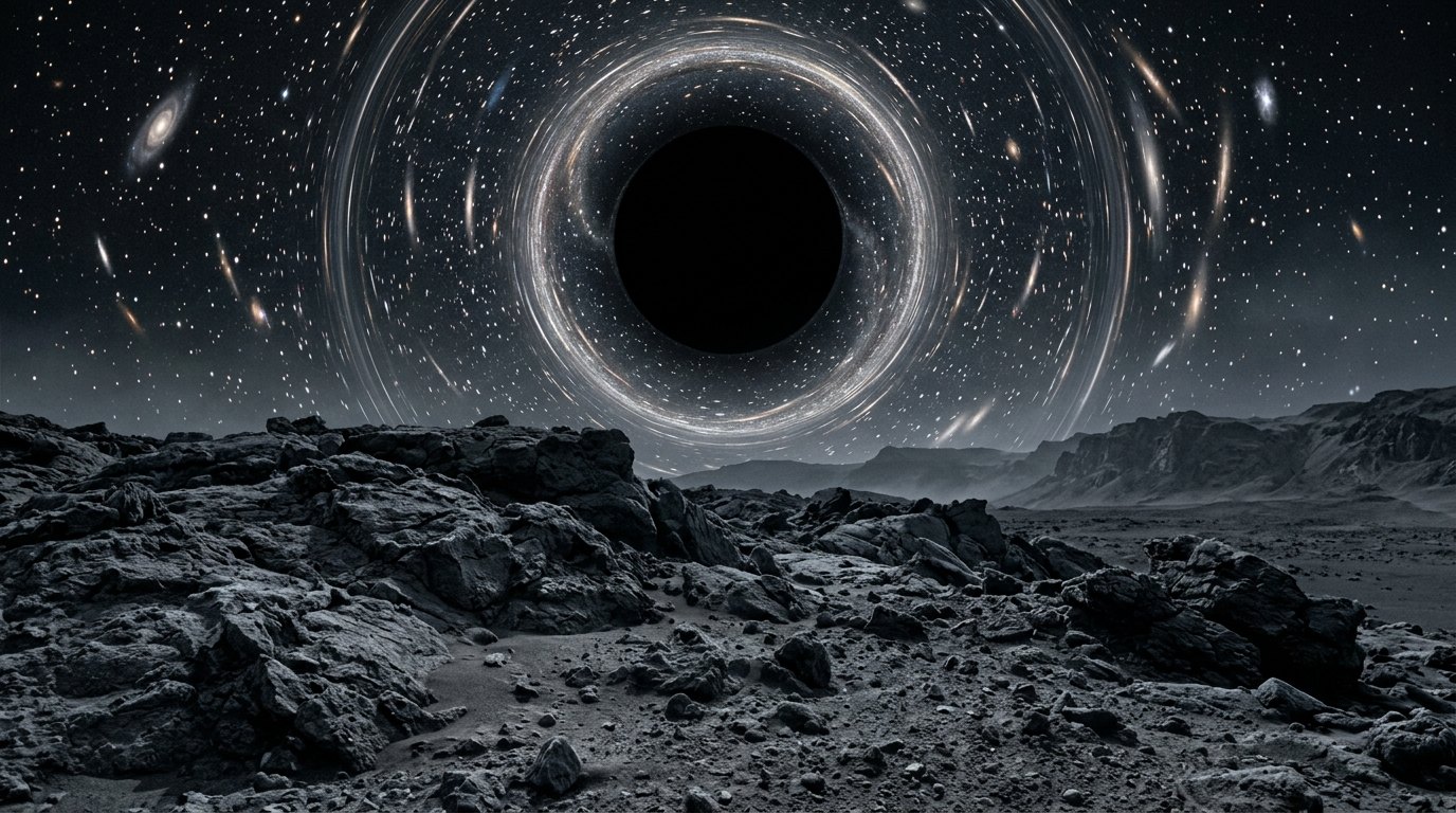 Horizonte de Un planeta que orbita un agujero negro: el cielo curvado, escena (recreación con IA, imagen 1)