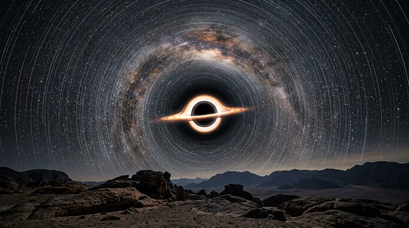 Horizonte de Un planeta que orbita un agujero negro: el cielo curvado, escena (recreación con IA, imagen 2)
