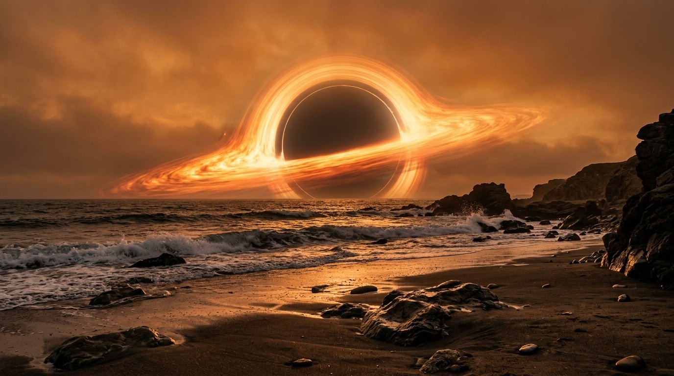 Horizonte de Un mundo en la zona habitable de un agujero negro supermasivo, escena (recreación con IA, imagen 1)