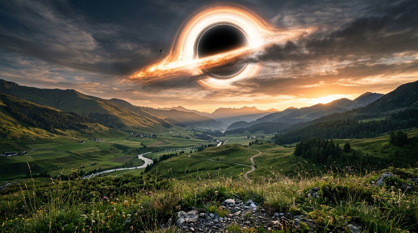 Horizonte de Un mundo en la zona habitable de un agujero negro supermasivo, escena (recreación con IA, imagen 2)