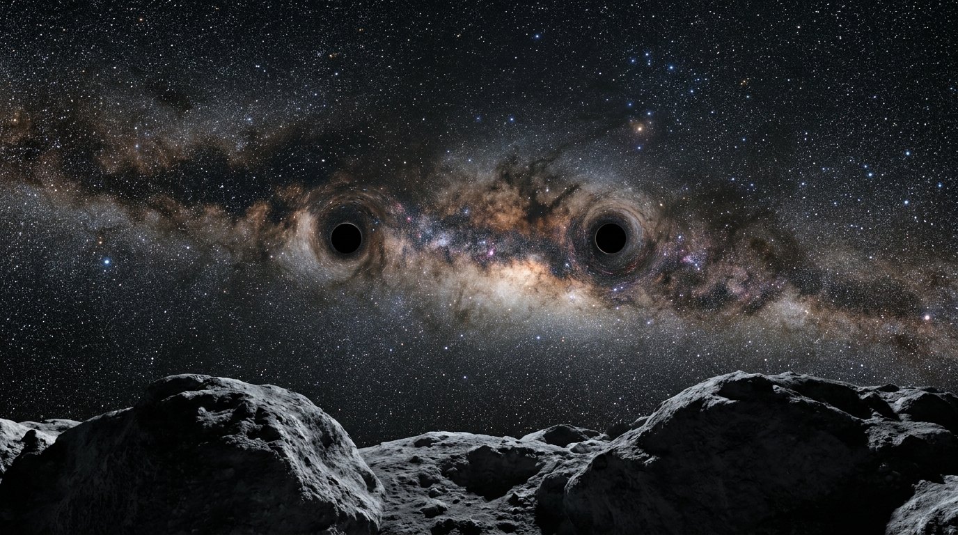 Horizonte de Binario de agujeros negros, escena (recreación con IA, imagen 1)