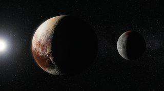Horizonte de Planeta doble (Plutón y Caronte), escena (recreación con IA, imagen 3)