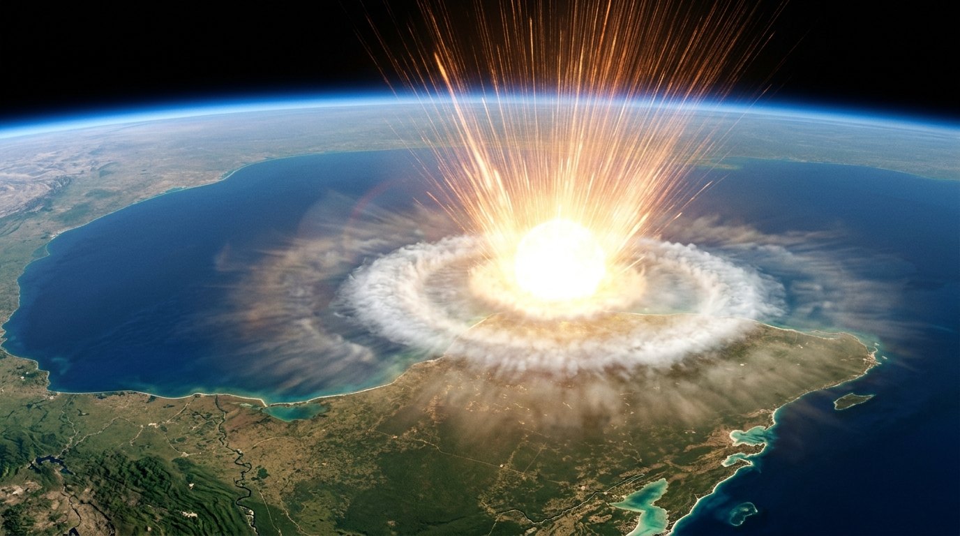 Horizonte de El asteroide de Chicxulub, escena (recreación con IA, imagen 1)