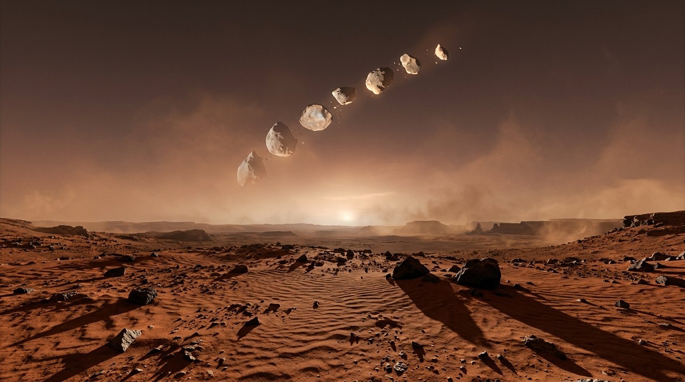 Horizonte de Fobos cruza el límite de Roche, escena (recreación con IA, imagen 1)