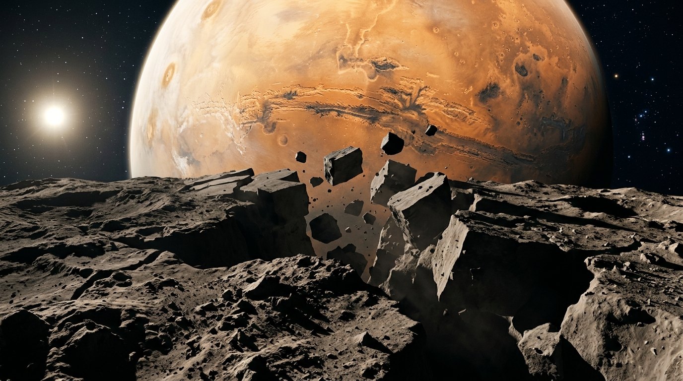Horizonte de Fobos cruza el límite de Roche, escena (recreación con IA, imagen 2)