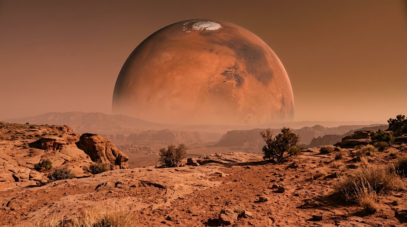 Horizonte de Marte contra la Tierra, escena (recreación con IA, imagen 1)