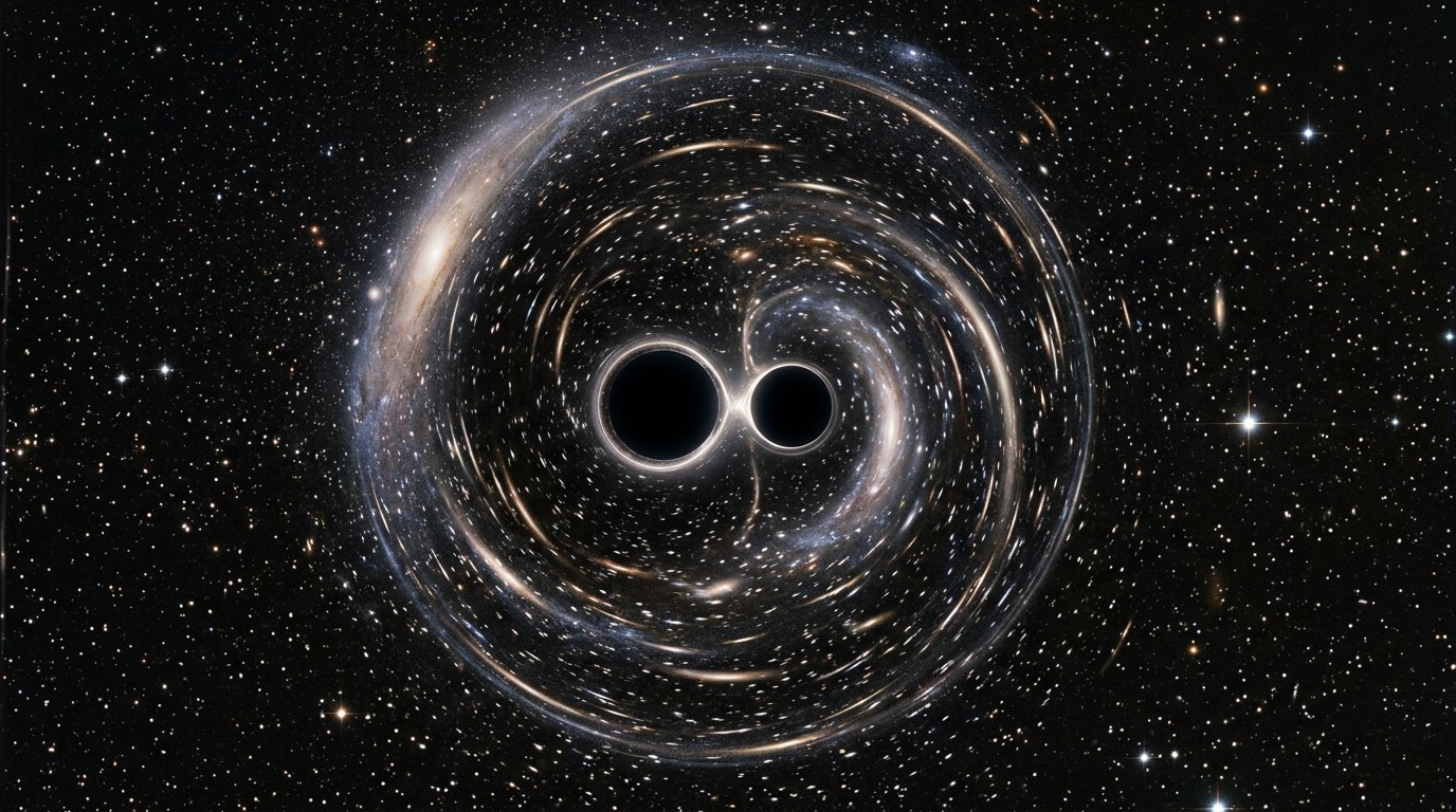 Horizonte de GW150914: la primera onda detectada, escena (recreación con IA, imagen 1)