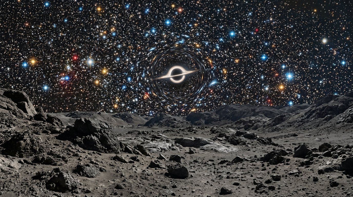 Horizonte de Un agujero negro de masa intermedia, escena (recreación con IA, imagen 1)