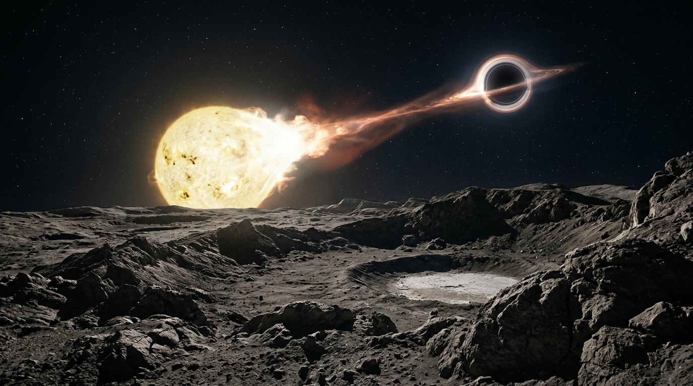 Horizonte de Una estrella despedazada por marea, escena (recreación con IA, imagen 1)