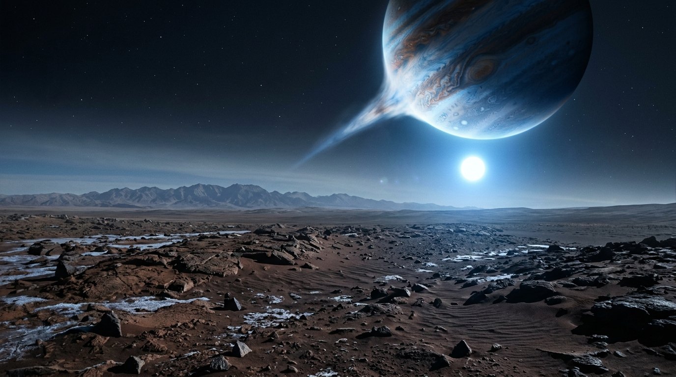 Horizonte de Gigante gaseoso contra enana blanca, escena (recreación con IA, imagen 1)