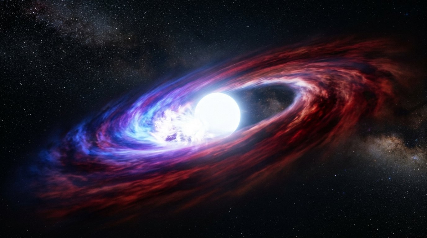 Horizonte de Gigante gaseoso contra enana blanca, escena (recreación con IA, imagen 2)