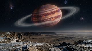 Horizonte de Gigante gaseoso contra otro igual, escena (recreación con IA, imagen 3)