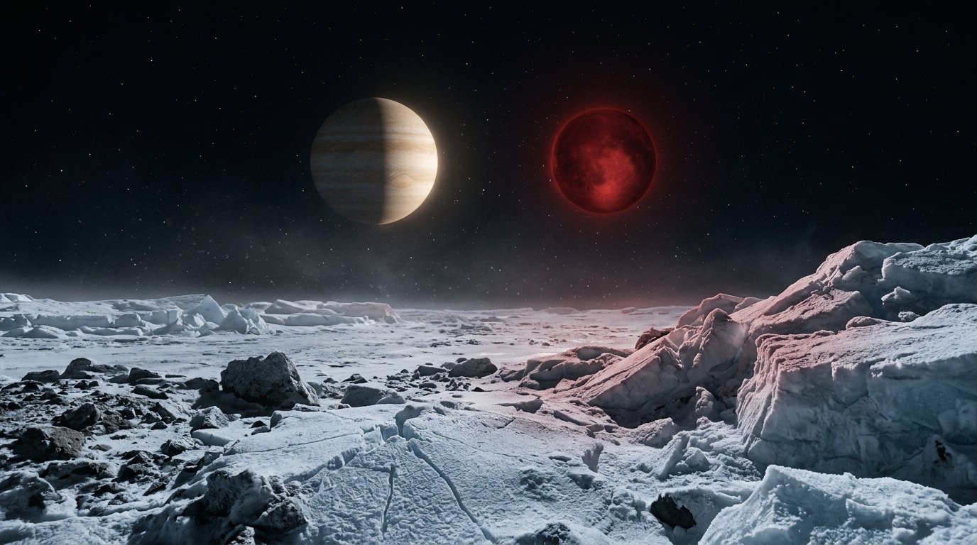 Horizonte de Gigante gaseoso contra enana marrón, escena (recreación con IA, imagen 1)