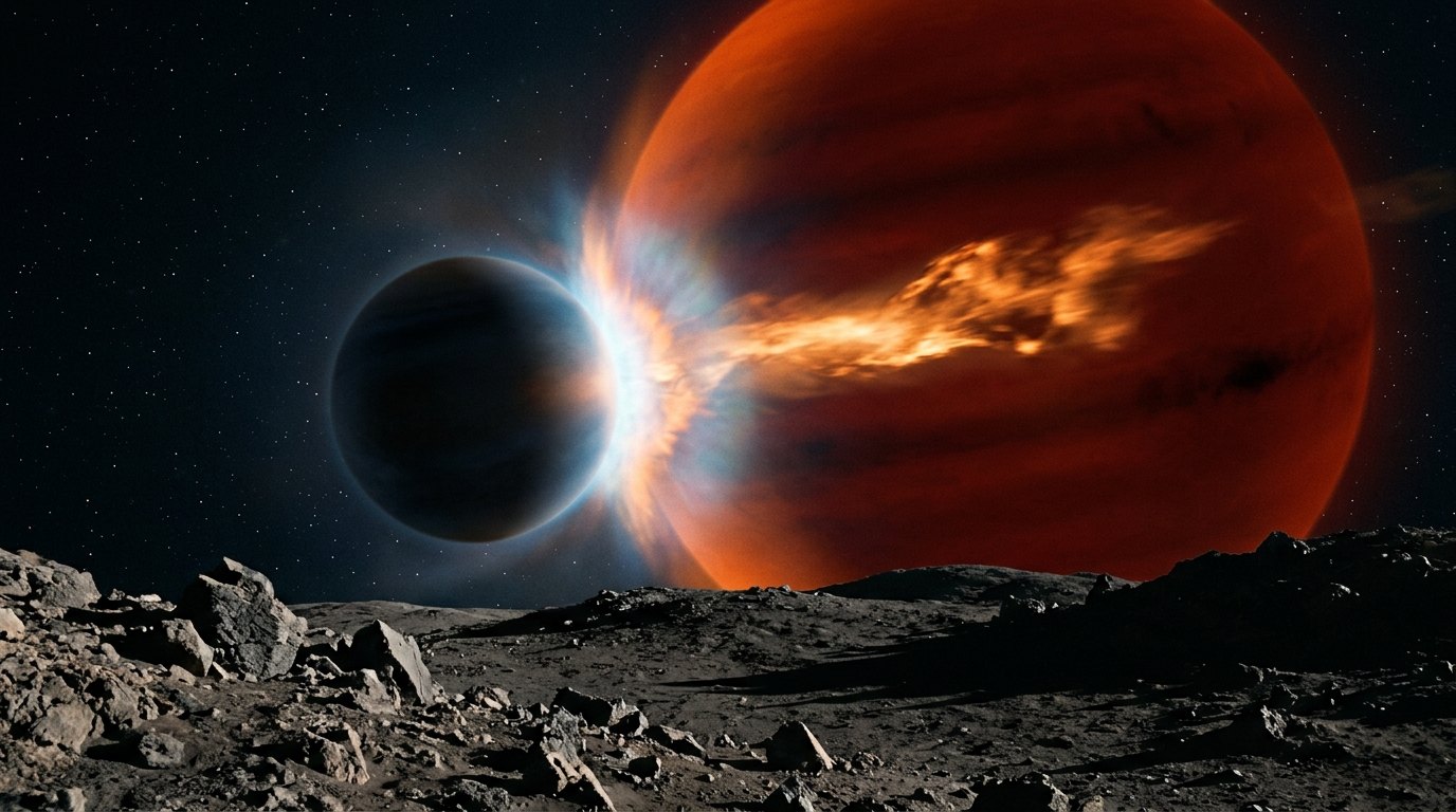 Horizonte de Gigante gaseoso contra enana marrón, escena (recreación con IA, imagen 2)