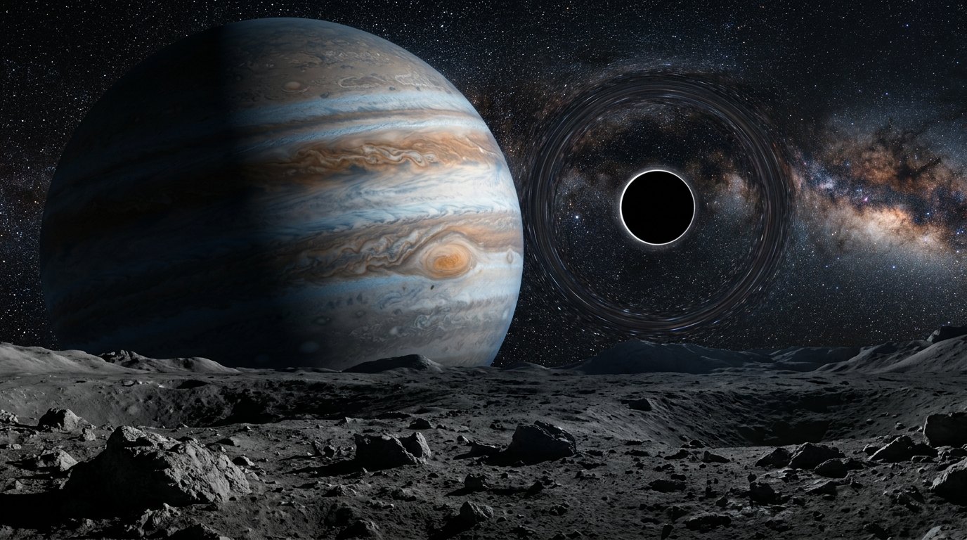 Horizonte de Gigante gaseoso contra agujero negro, escena (recreación con IA, imagen 1)