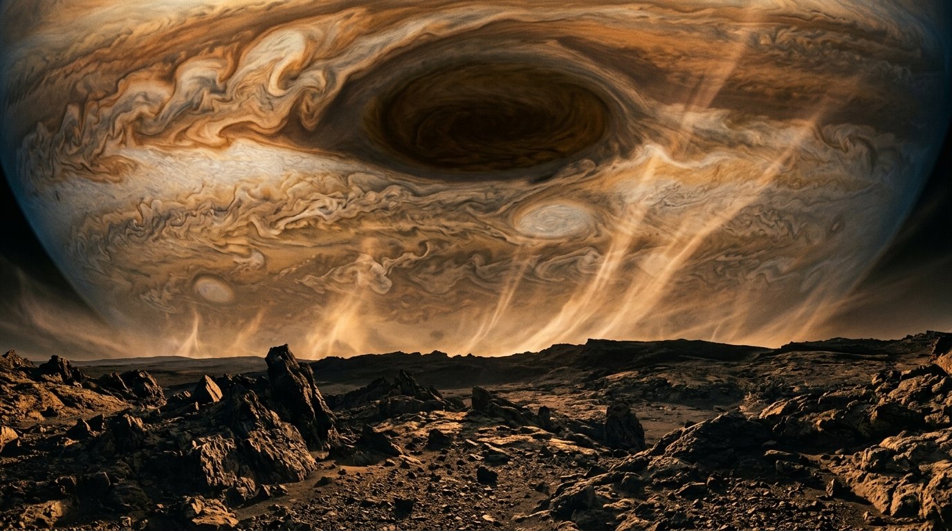 Horizonte de Planeta rocoso contra gigante gaseoso, escena (recreación con IA, imagen 1)