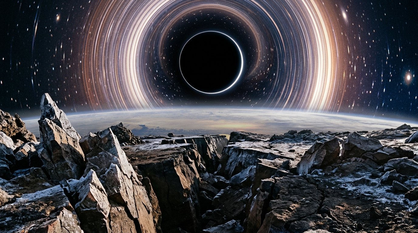 Horizonte de Planeta rocoso contra agujero negro, escena (recreación con IA, imagen 1)