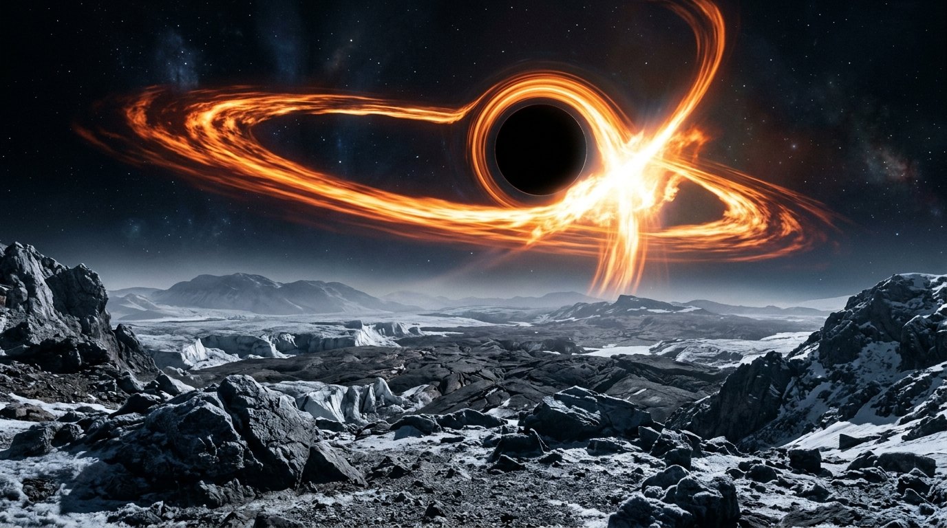 Horizonte de Planeta rocoso contra agujero negro, escena (recreación con IA, imagen 2)
