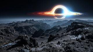 Horizonte de Planeta rocoso contra agujero negro, escena (recreación con IA, imagen 3)