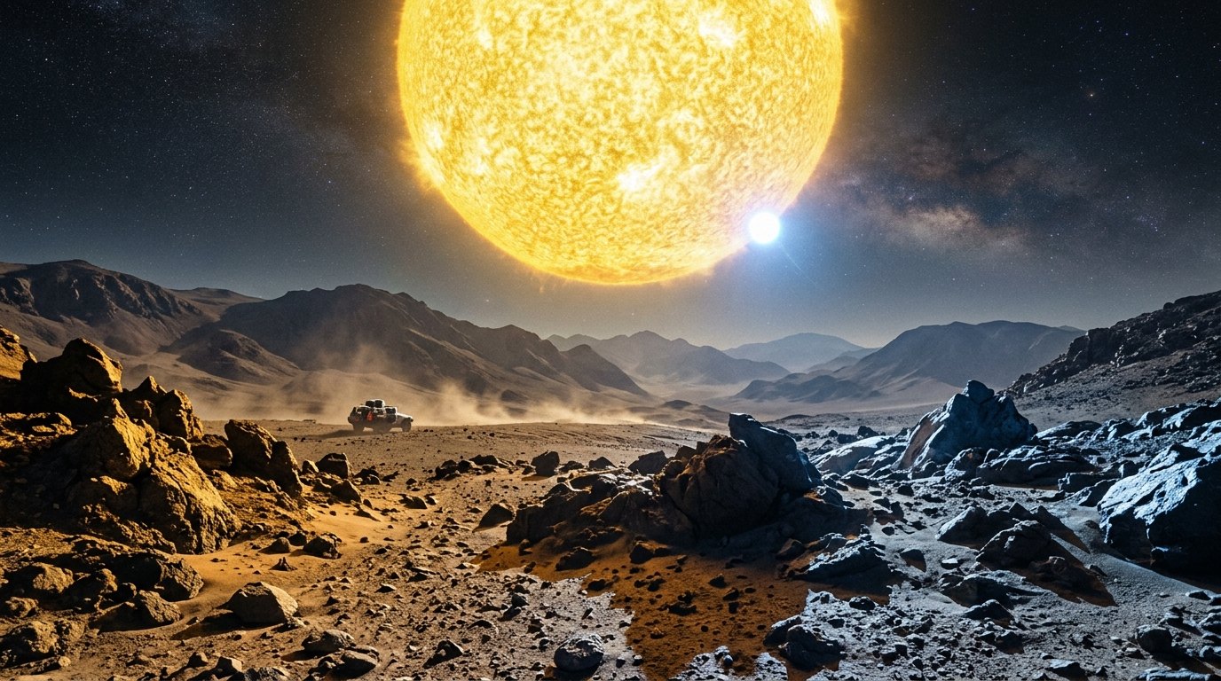 Horizonte de Estrella como el Sol contra enana blanca, escena (recreación con IA, imagen 1)