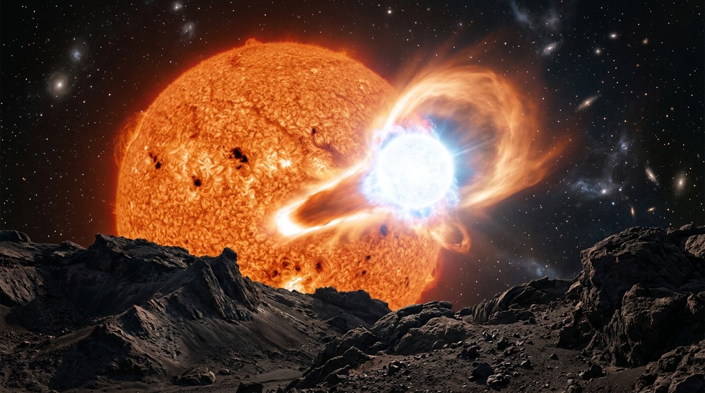 Horizonte de Estrella como el Sol contra enana blanca, escena (recreación con IA, imagen 2)