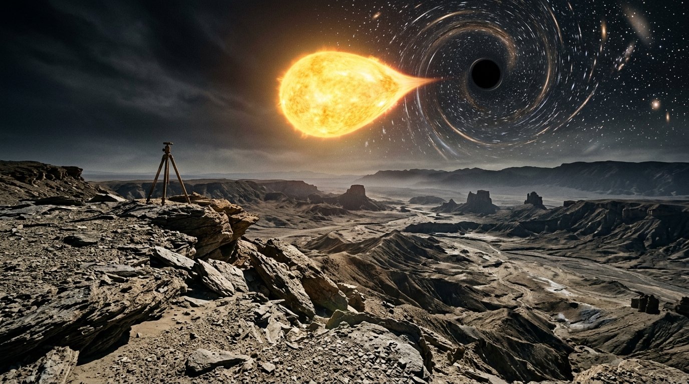Horizonte de Estrella como el Sol contra agujero negro, escena (recreación con IA, imagen 1)
