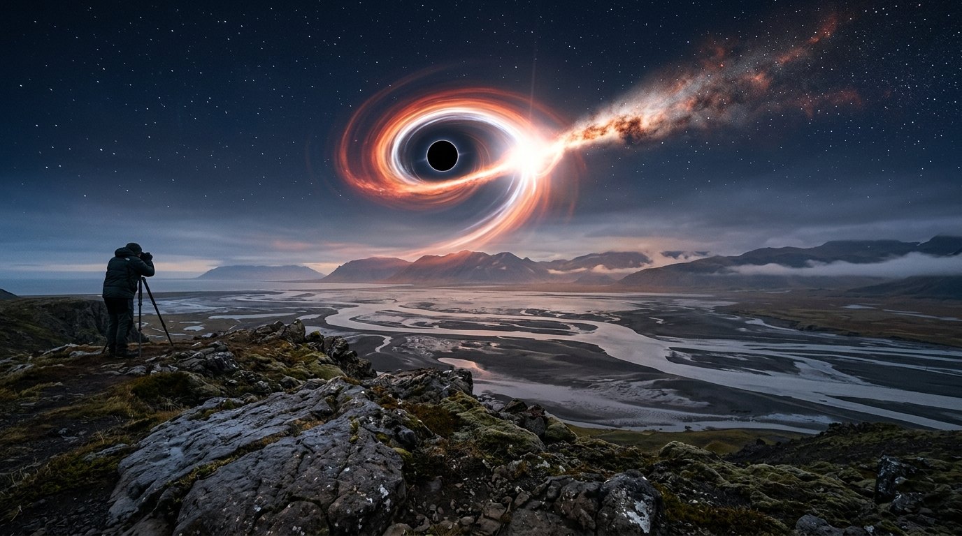 Horizonte de Estrella como el Sol contra agujero negro, escena (recreación con IA, imagen 2)