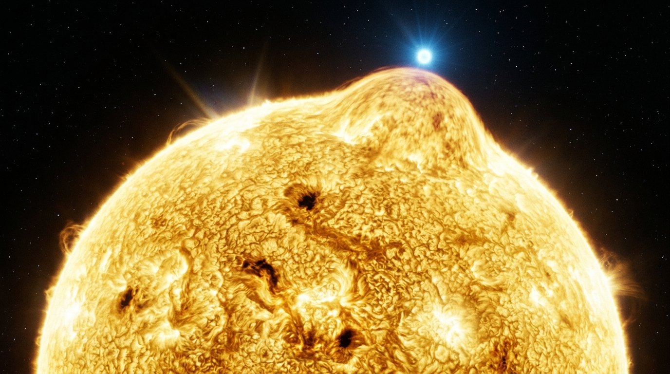 Horizonte de Estrella como el Sol contra estrella de neutrones, escena (recreación con IA, imagen 1)