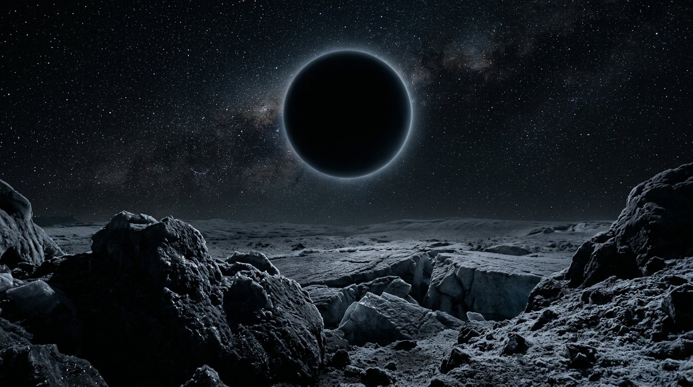 Horizonte de Un planeta errante cruzando el sistema, escena (recreación con IA, imagen 1)
