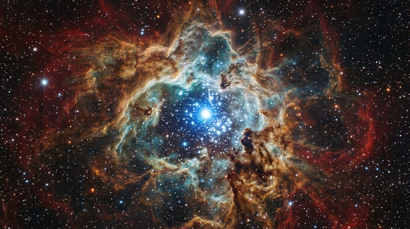 Horizonte de R136a1, la estrella más masiva, escena (recreación con IA, imagen 2)