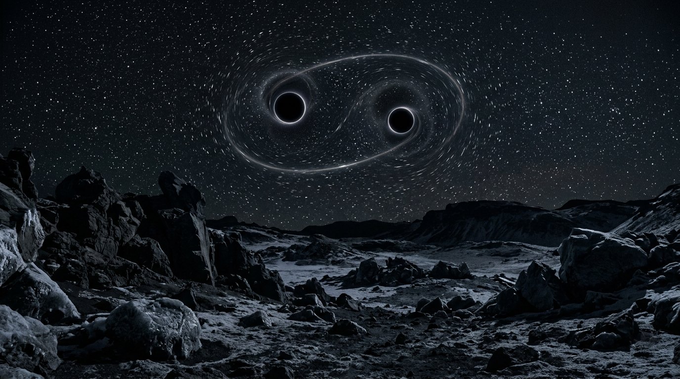 Horizonte de Fusión de agujeros negros (GW150914), escena (recreación con IA, imagen 1)