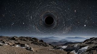 Horizonte de Fusión de agujeros negros (GW150914), escena (recreación con IA, imagen 3)