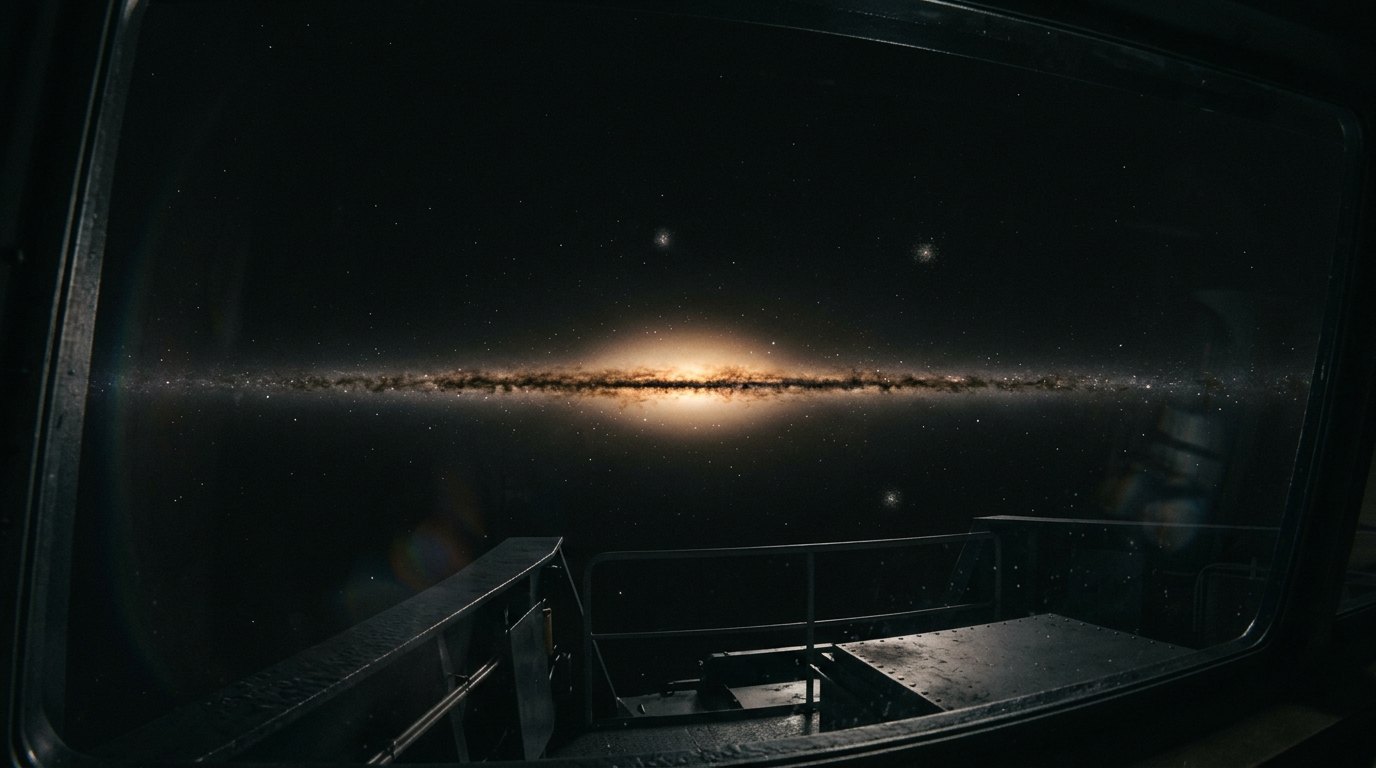 Horizonte de La Vía Láctea entera, desde fuera, escena (recreación con IA, imagen 1)