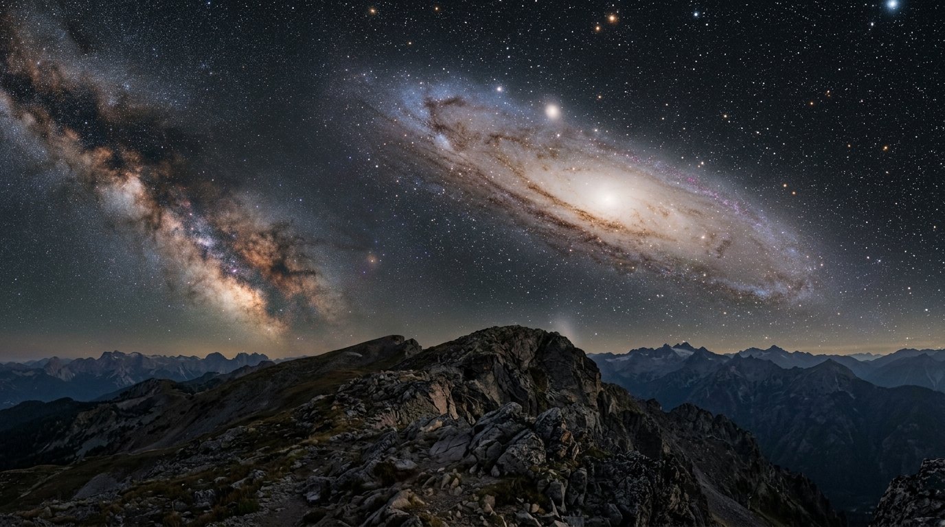 Horizonte de El choque con Andromeda, visto desde la Tierra, escena (recreación con IA, imagen 1)