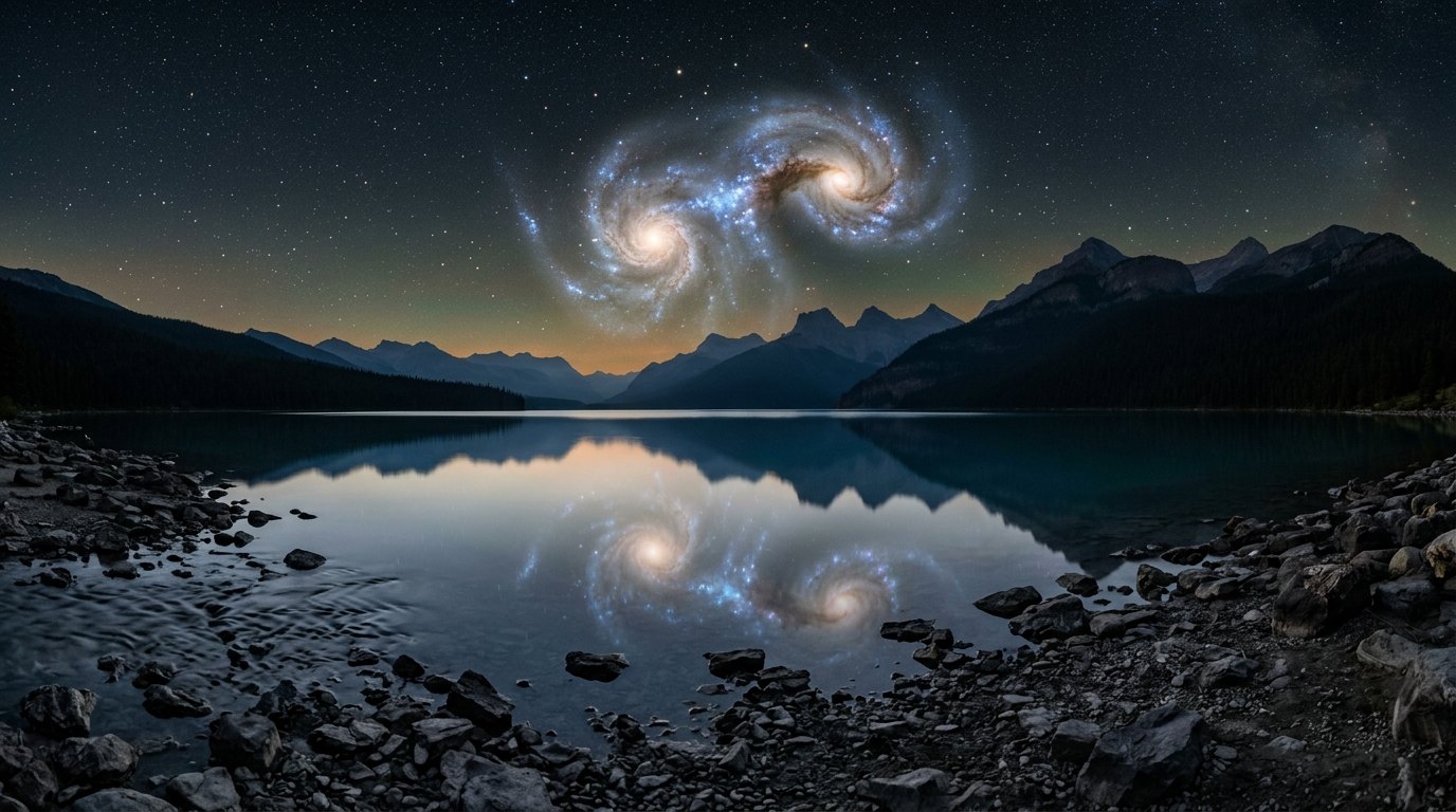 Horizonte de El choque con Andromeda, visto desde la Tierra, escena (recreación con IA, imagen 2)