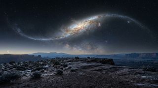 Horizonte de El choque con Andromeda, visto desde la Tierra, escena (recreación con IA, imagen 3)