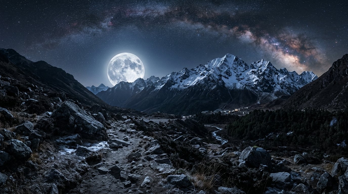 Horizonte de La Luna donde está hoy (60,3 radios terrestres), escena (recreación con IA, imagen 1)