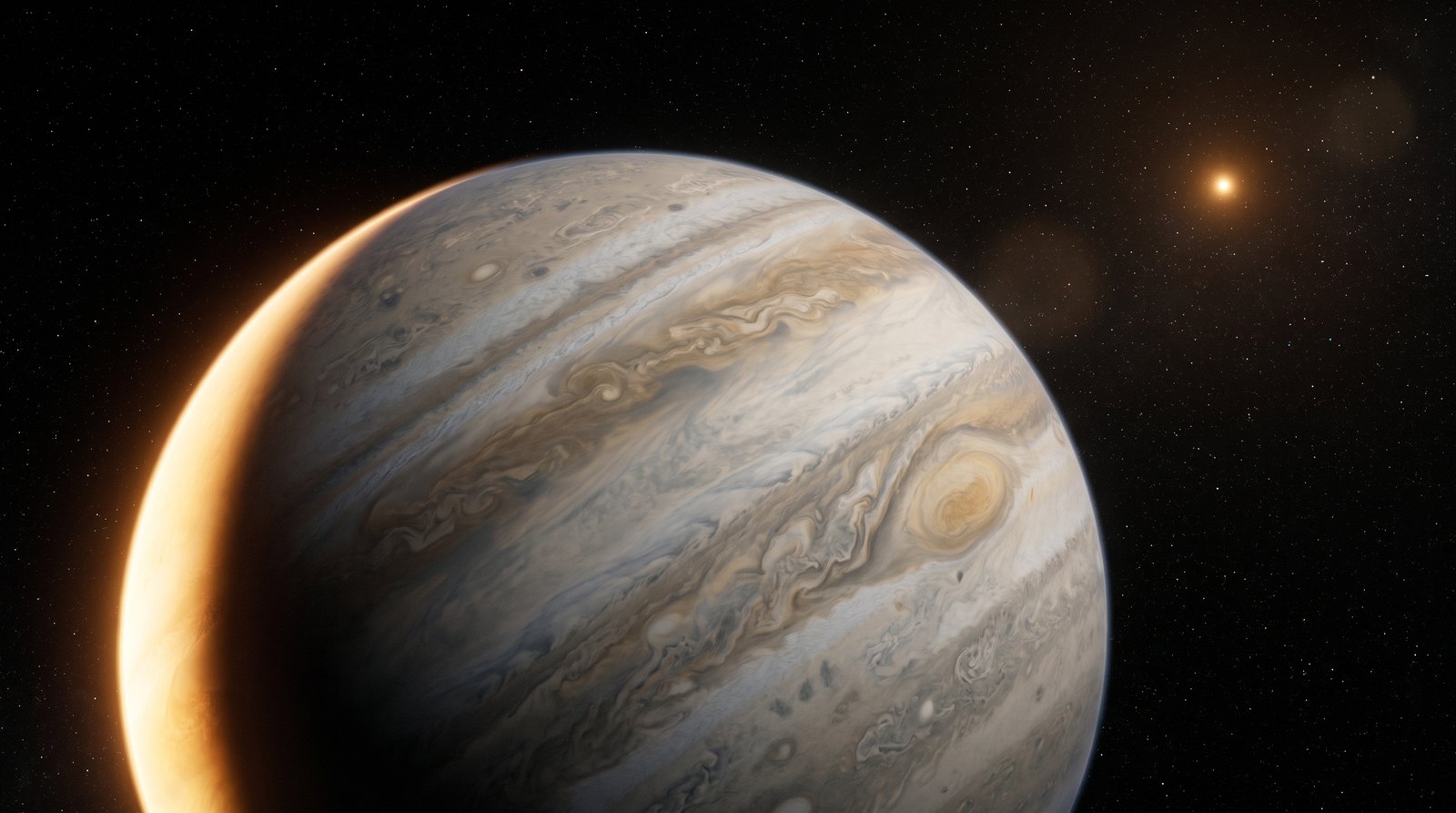 Horizonte de 61 Cygni y su Super-Júpiter Candidato, escena (recreación con IA, imagen 1)