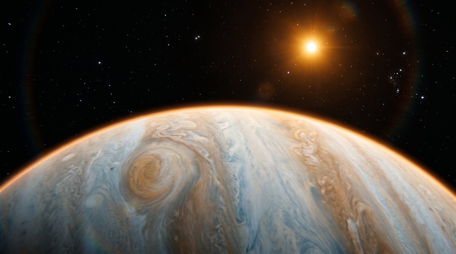 Horizonte de Epsilon Eridani: el gigante mas cercano y su cinturon, escena (recreación con IA, imagen 1)