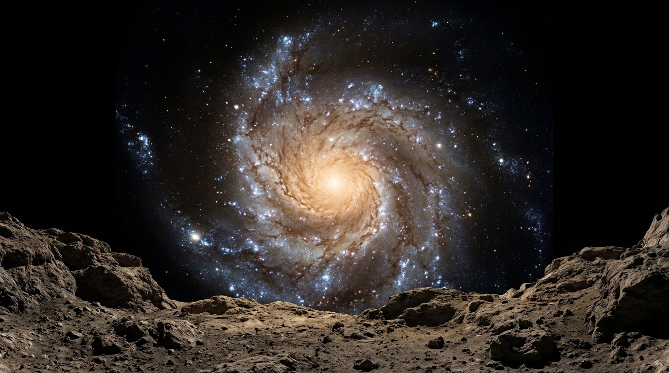 Horizonte de Una galaxia con y sin materia oscura, escena (recreación con IA, imagen 1)