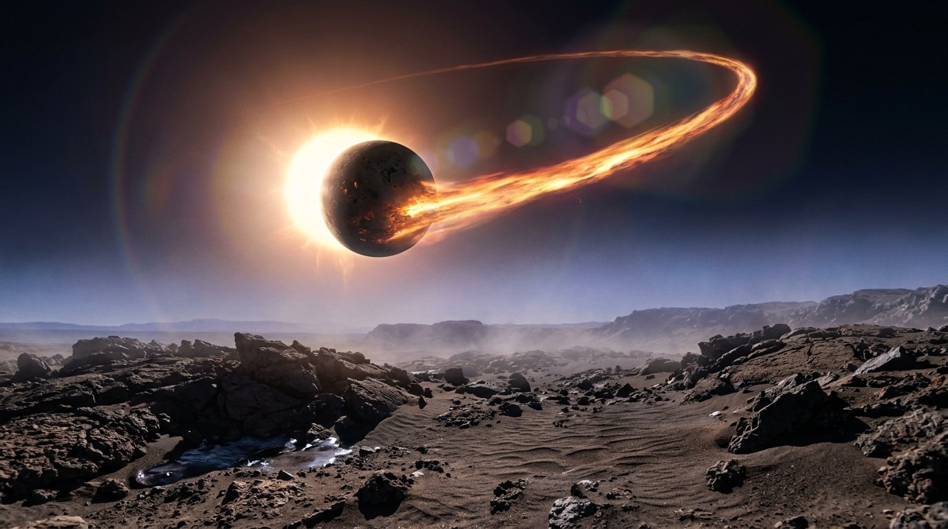 Horizonte de Un planeta cayendo a su estrella, escena (recreación con IA, imagen 2)