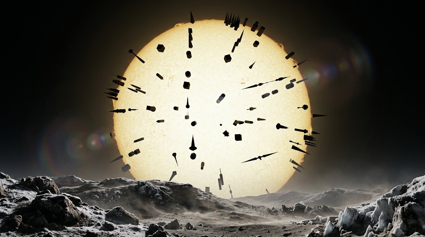 Horizonte de Un enjambre de Dyson, escena (recreación con IA, imagen 2)