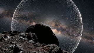 Horizonte de Un enjambre de Dyson, escena (recreación con IA, imagen 3)