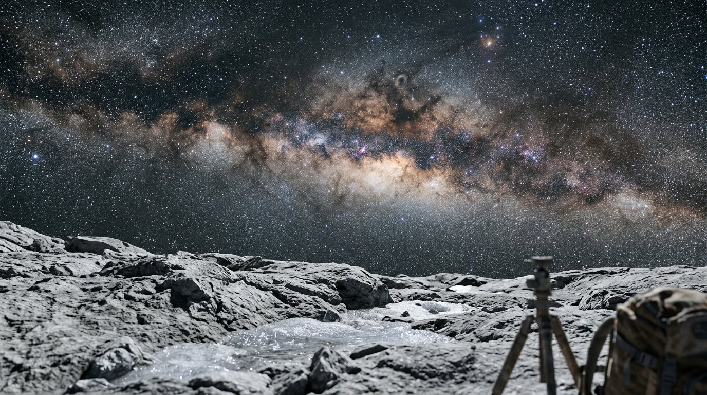 Horizonte de Un planeta entre dos agujeros negros, escena (recreación con IA, imagen 1)