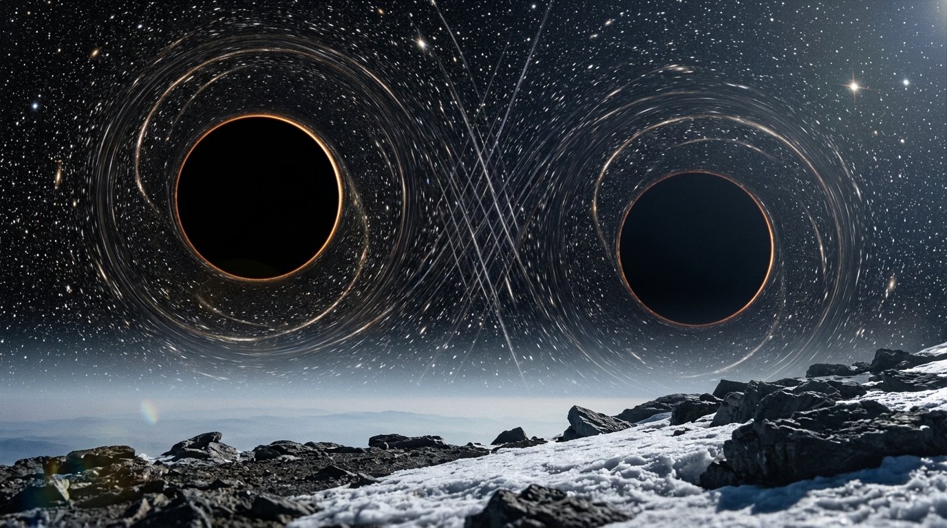 Horizonte de Un planeta entre dos agujeros negros, escena (recreación con IA, imagen 2)