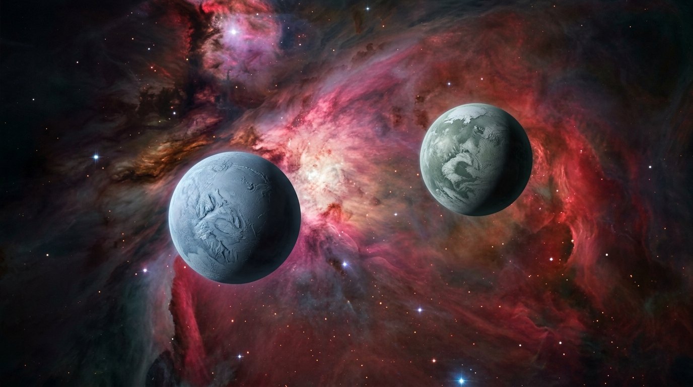 Horizonte de Dos planetas orbitándose sin estrella, escena (recreación con IA, imagen 2)