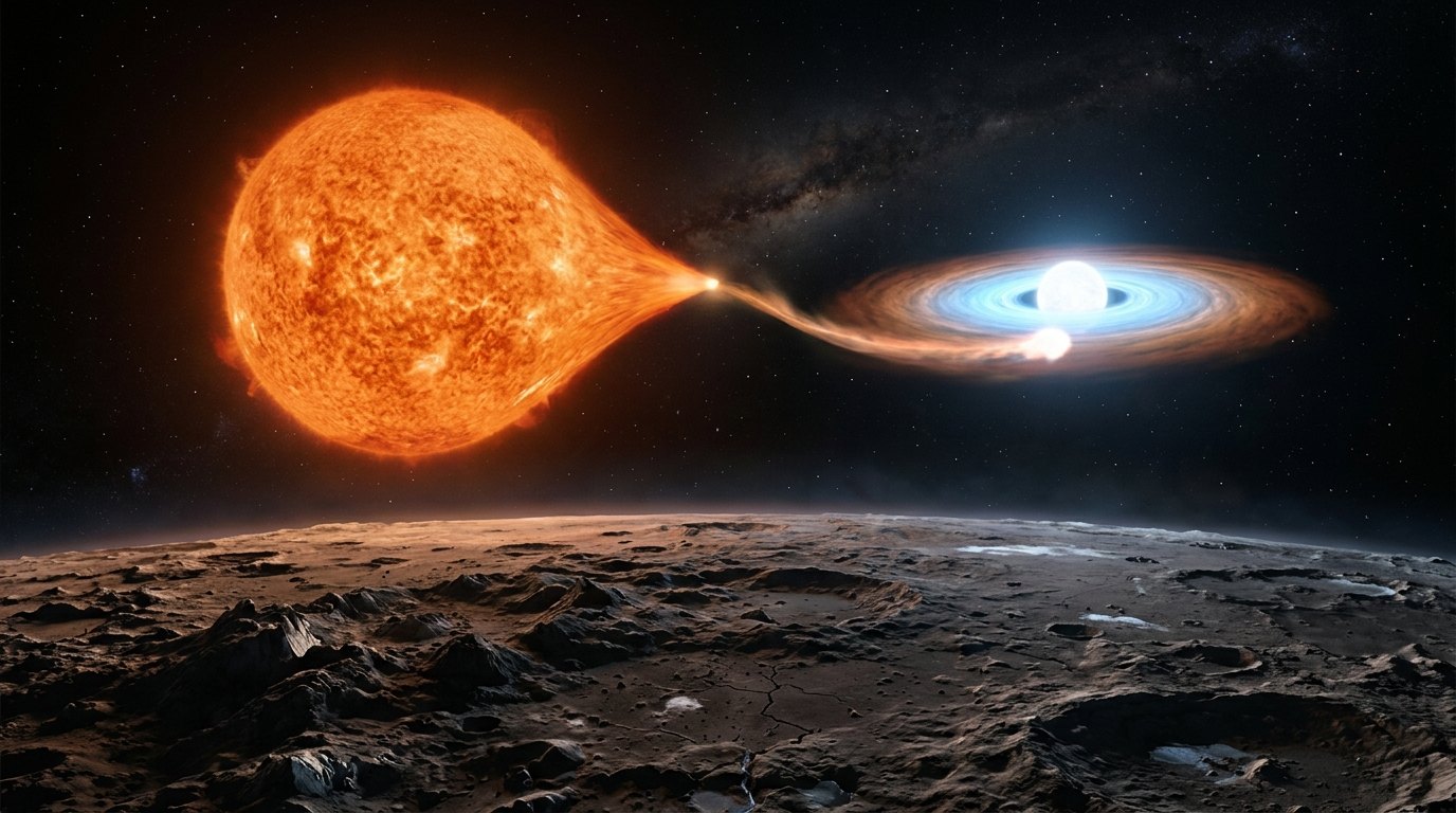 Horizonte de Lóbulos de Roche (transferencia de masa), escena (recreación con IA, imagen 1)