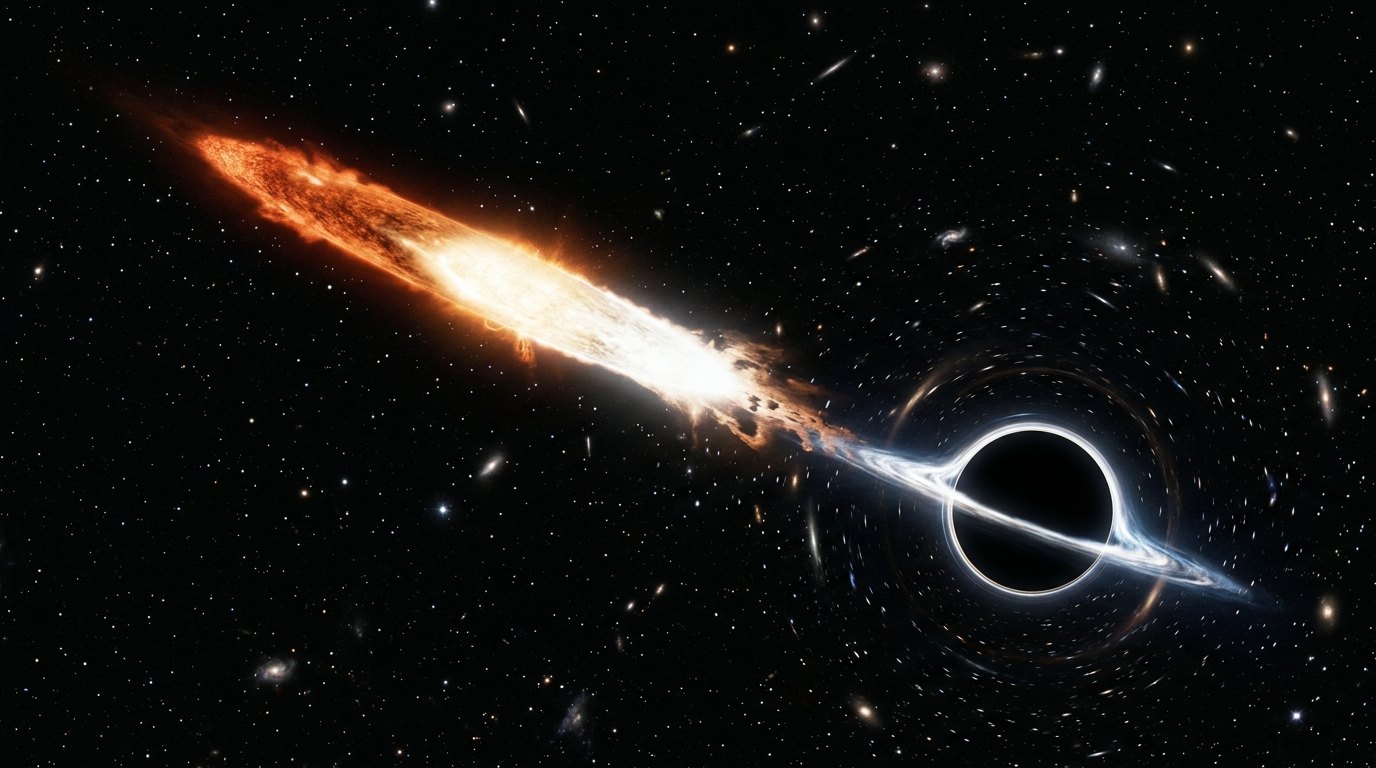 Horizonte de Una estrella despedazada por un agujero negro, escena (recreación con IA, imagen 1)
