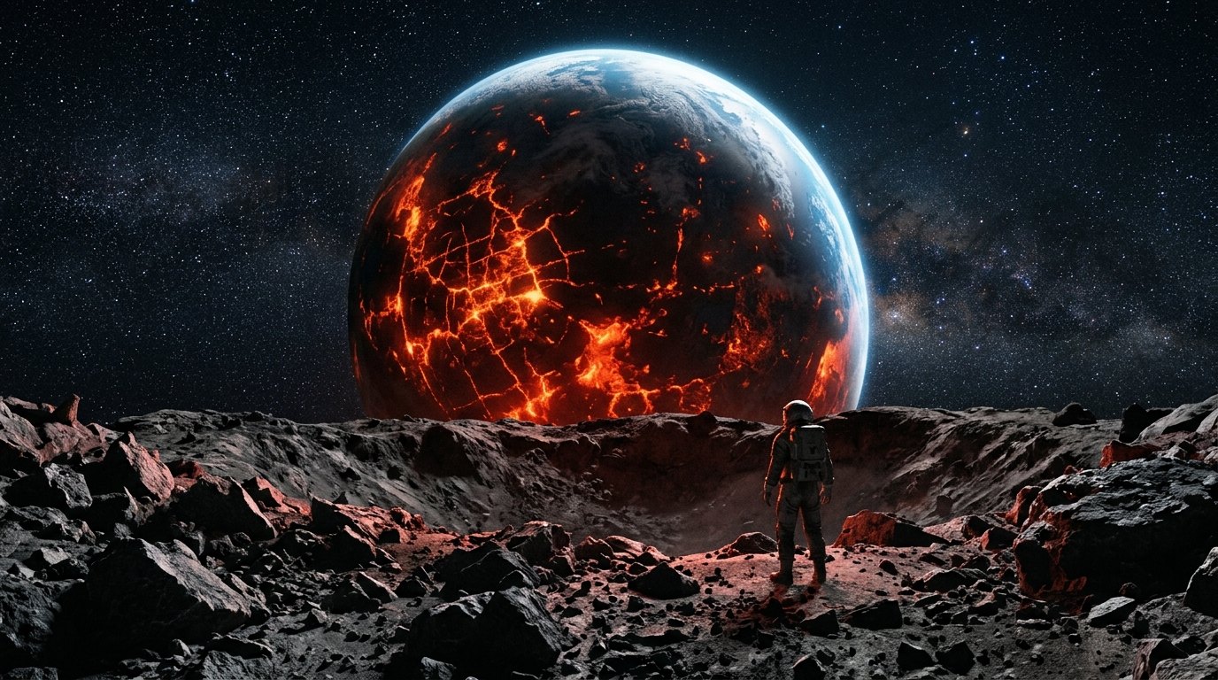 Horizonte de La Tierra vista desde Theia, escena (recreación con IA, imagen 1)