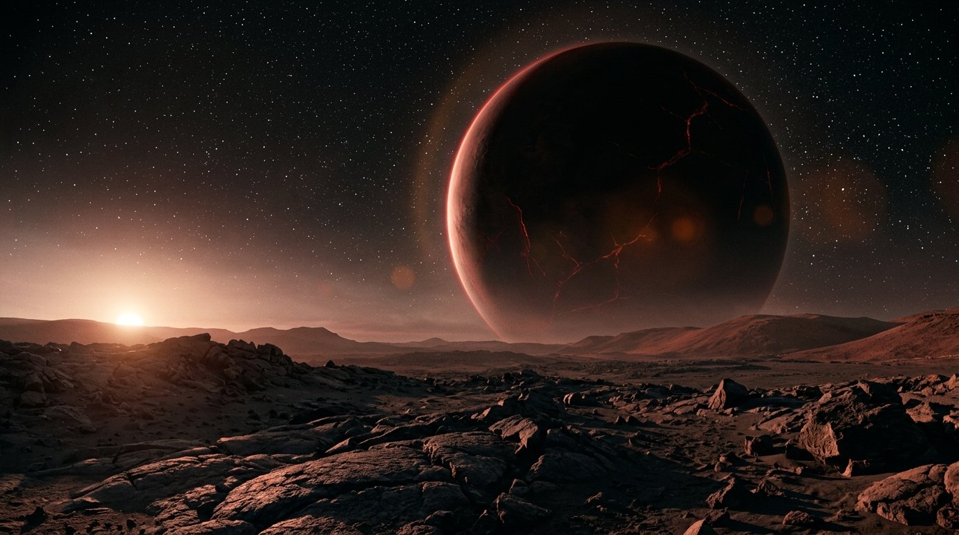 Horizonte de Theia, minutos antes del impacto, desde la Tierra, escena (recreación con IA, imagen 1)